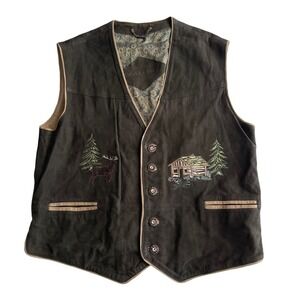 Traditional Tyrolean Trachten Embroidered Leather Antler Button Lined Vest sz L